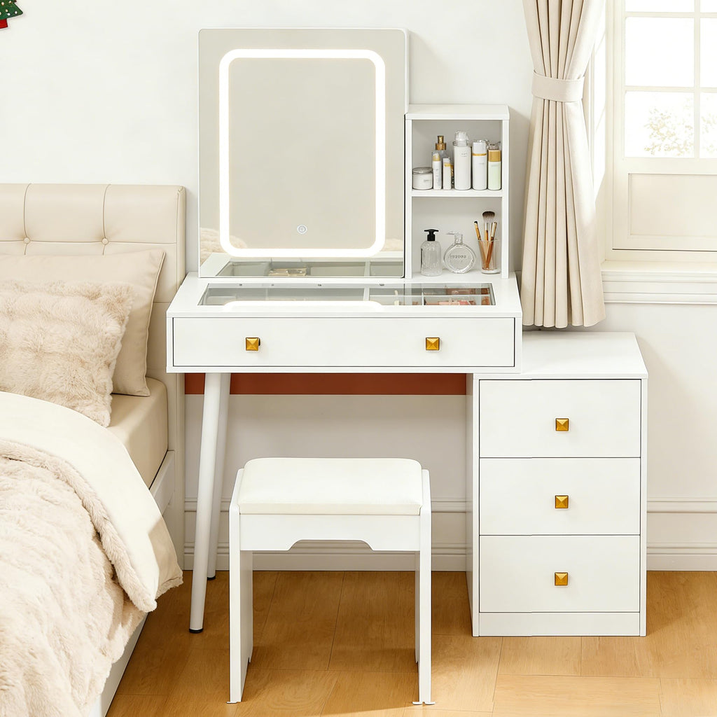 White Vanity Desk with Sliding Mirror and Lights, 4 Drawers, Stool D555