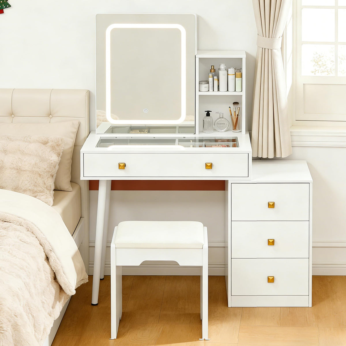 White Vanity Desk with Sliding Mirror and Lights, 4 Drawers, Stool D555