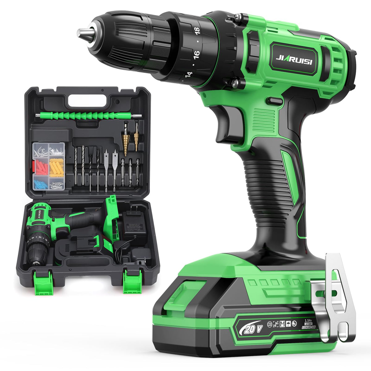 20V Cordless Drill Set with Battery Charger and Carrying Case, Green E176