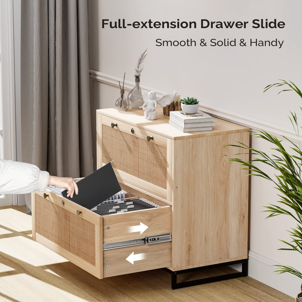 Oak Wood Rattan 2 Drawer Lateral File Cabinet with Lock Y94731