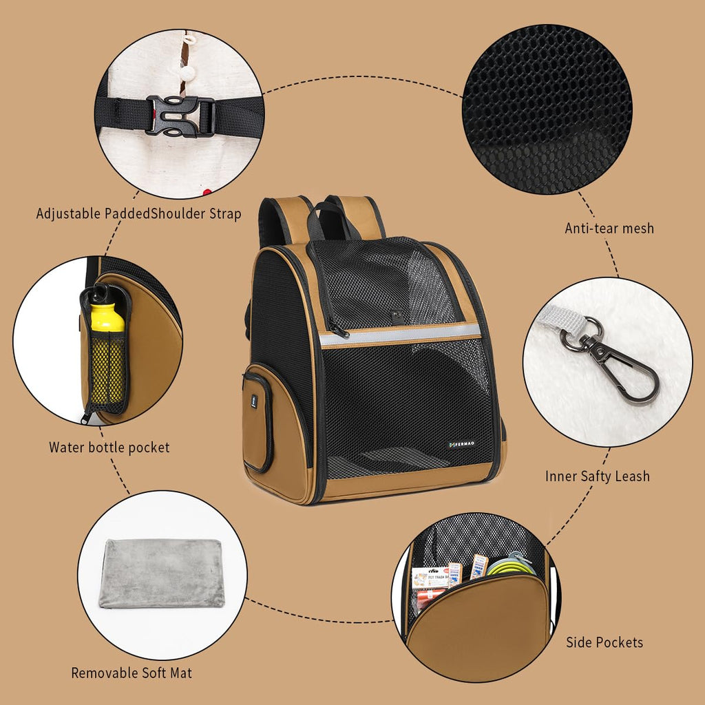 Brown Collapsible Pet Carrier Backpack with Ventilated Mesh T274