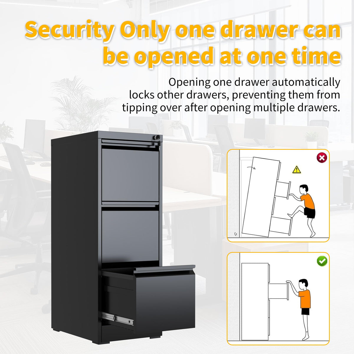 3 Drawer Black Metal File Cabinet with Lock L216758