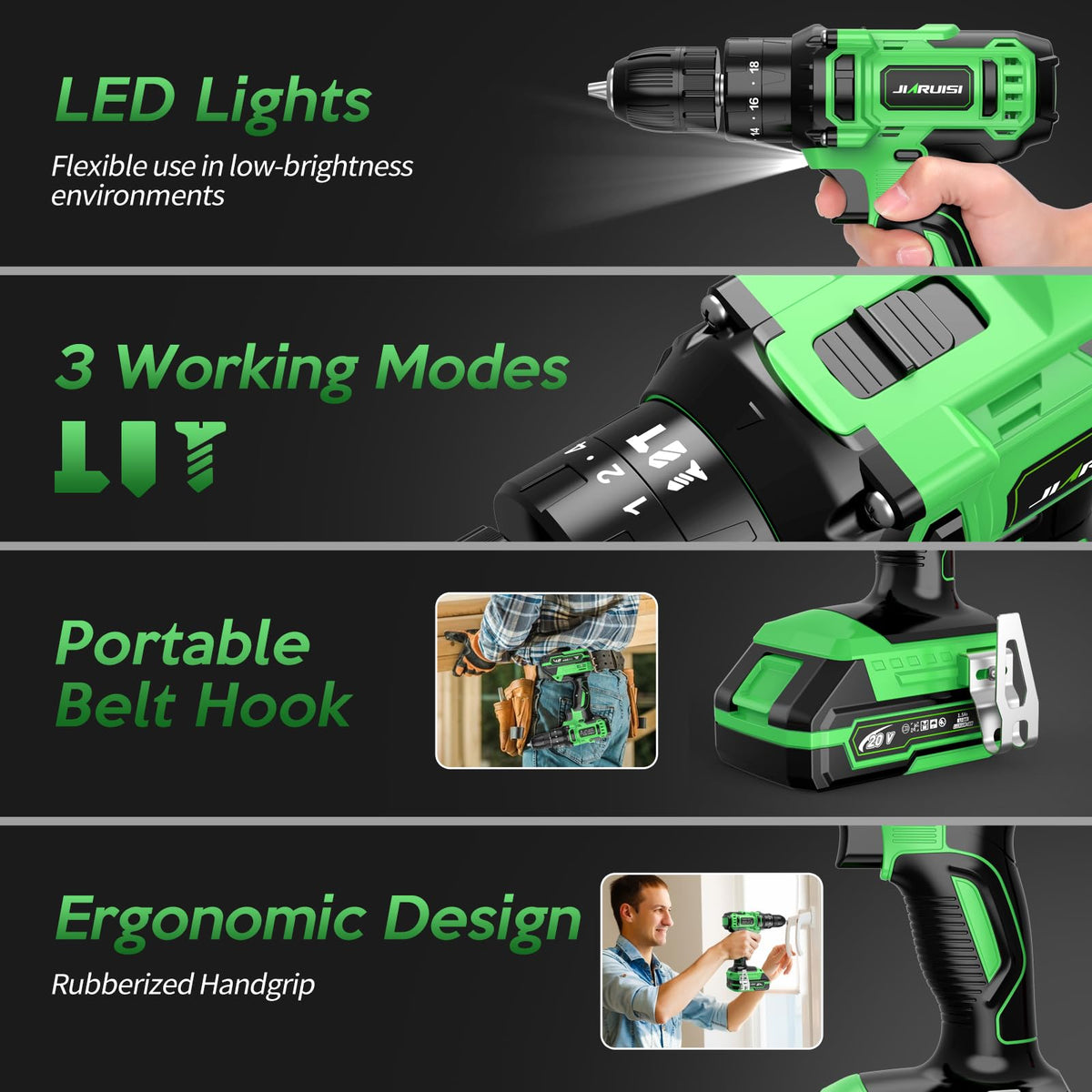 20V Cordless Drill Set with Battery Charger and Carrying Case, Green E176