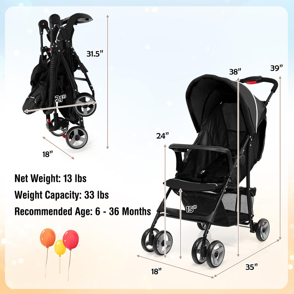 Lightweight Compact Toddler Travel Stroller with Canopy, 5-Point Harness, Storage Basket, One-Hand Fold, Black L953048