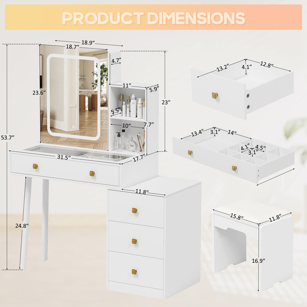 White Vanity Desk with Sliding Mirror and Lights, 4 Drawers, Stool D555