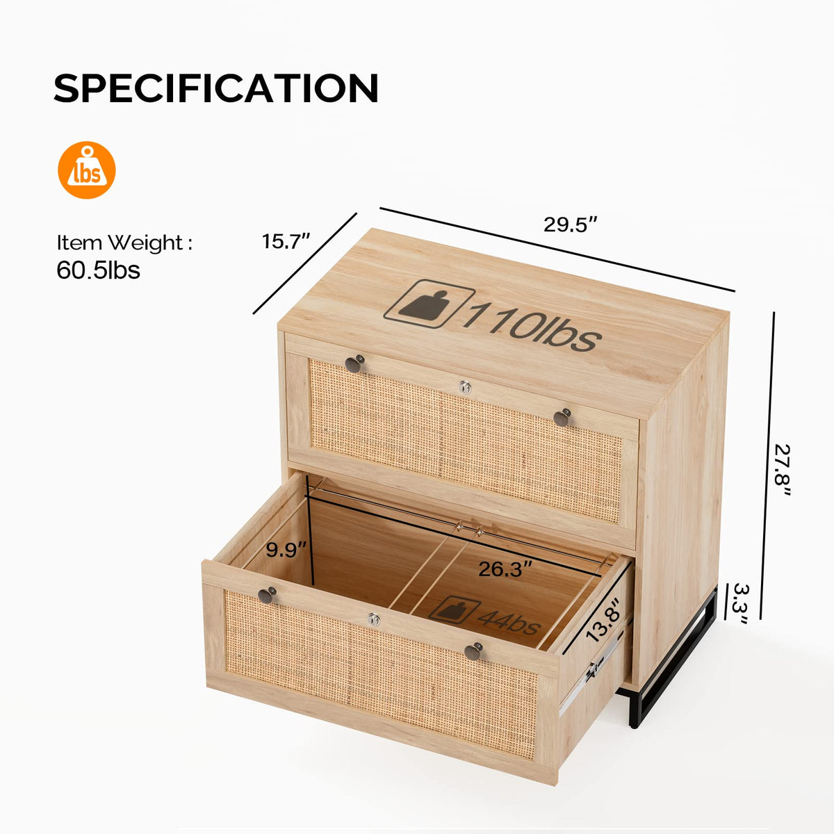 Oak Wood Rattan 2 Drawer Lateral File Cabinet with Lock Y94731