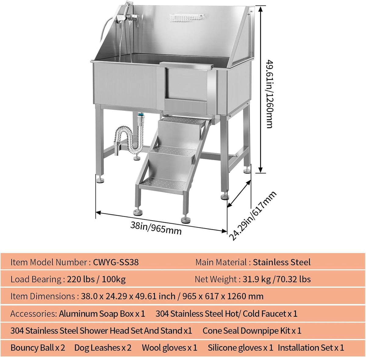 38" Stainless Steel Dog Grooming Tub with Stairs G656