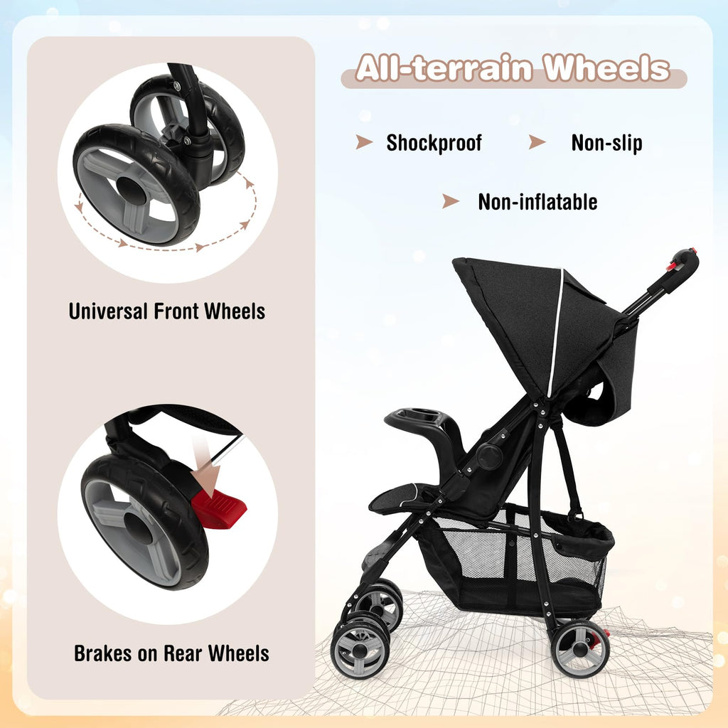 Lightweight Compact Toddler Travel Stroller with Canopy, 5-Point Harness, Storage Basket, One-Hand Fold, Black L953048