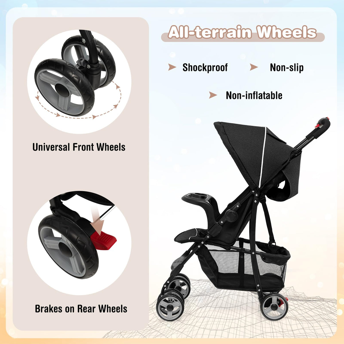 Lightweight Compact Toddler Travel Stroller with Canopy, 5-Point Harness, Storage Basket, One-Hand Fold, Black L953048