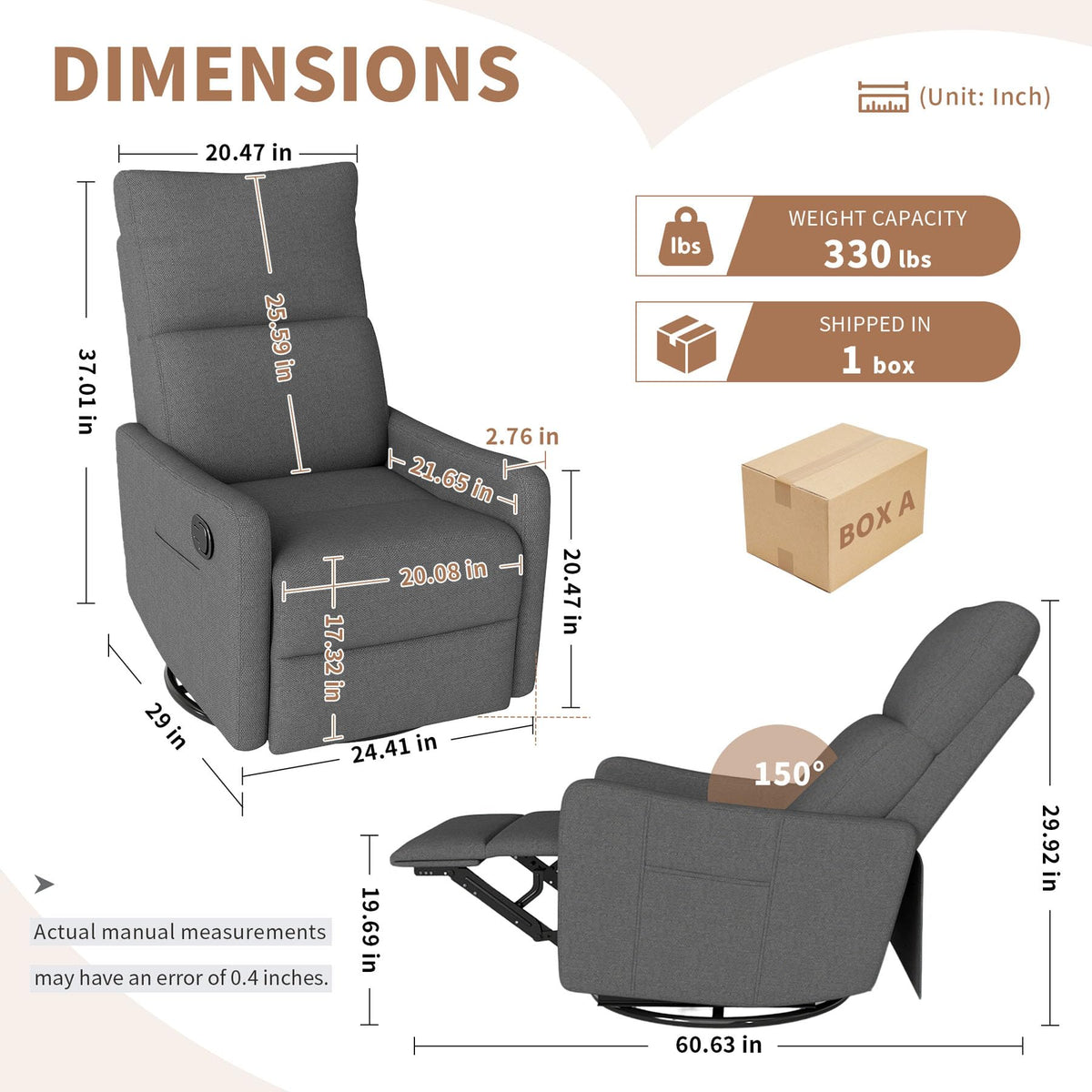 Gray Swivel Rocker Recliner Chair O467
