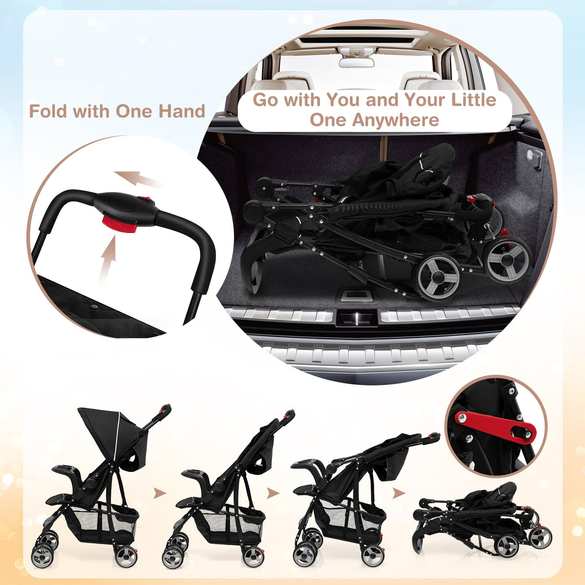 Lightweight Compact Toddler Travel Stroller with Canopy, 5-Point Harness, Storage Basket, One-Hand Fold, Black L953048
