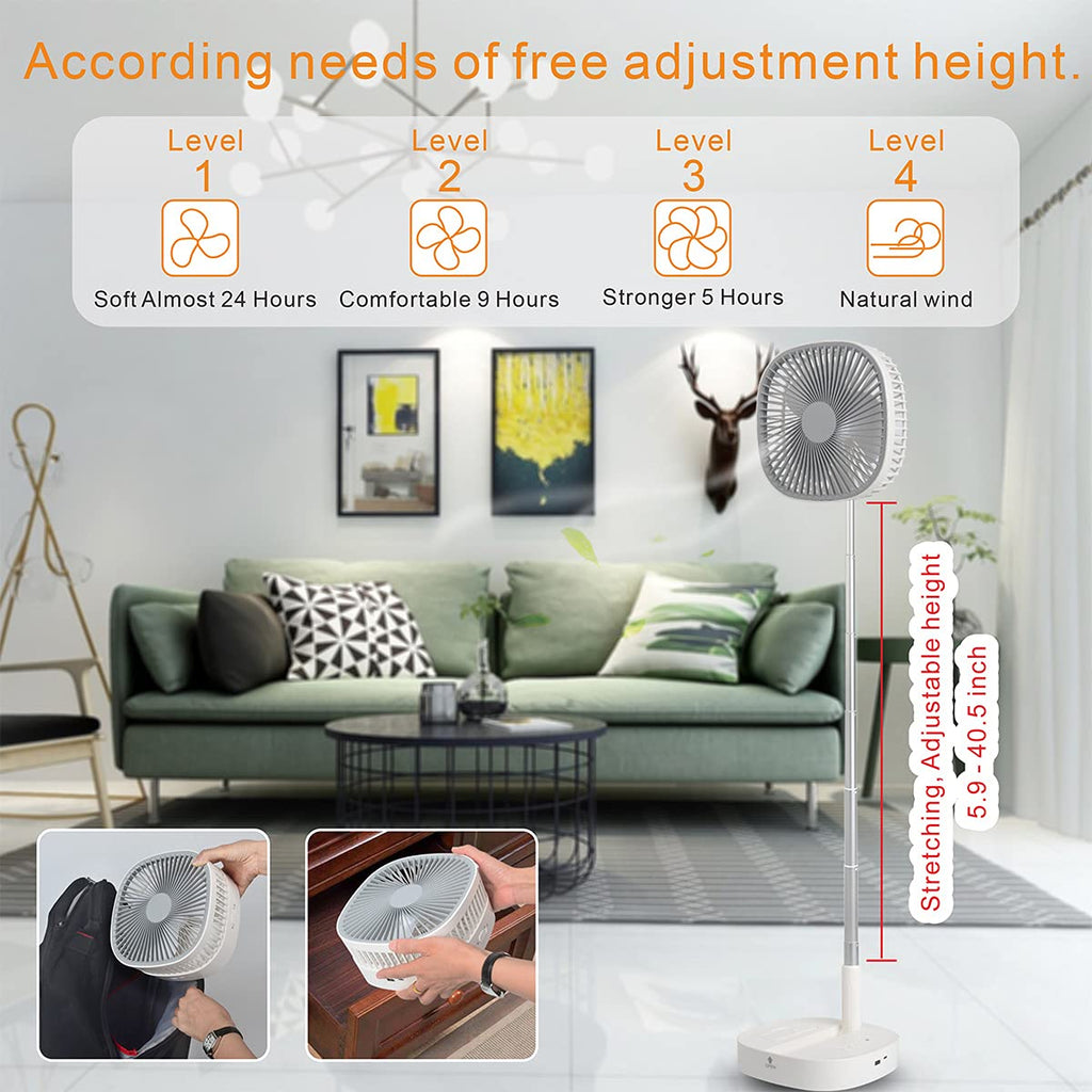 Portable Foldaway Standing Fan 7200Mah Rechargeable Battery Remote Control Telescopic 4 Speed Quiet Timer Gray F465