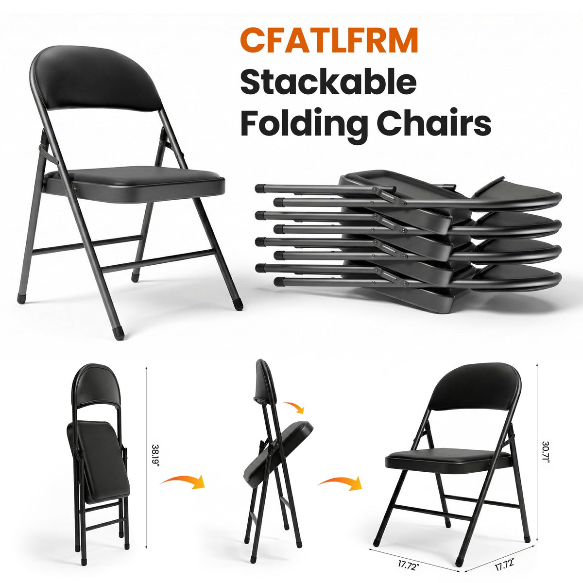 Black Padded Folding Chairs 10 Pack with Cushion and Back C611