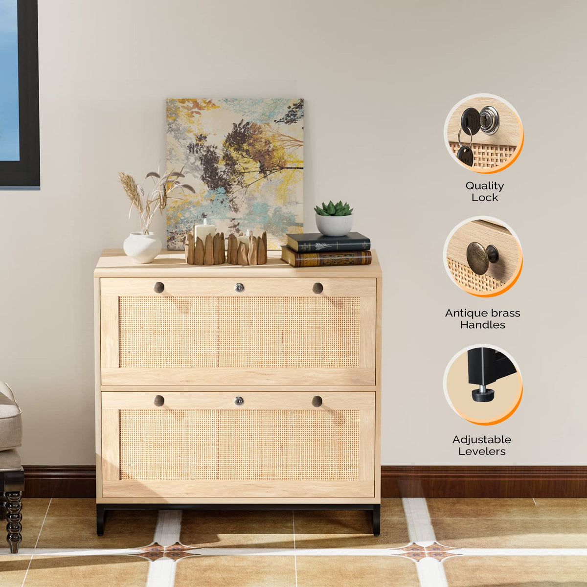 Oak Wood Rattan 2 Drawer Lateral File Cabinet with Lock Y94731