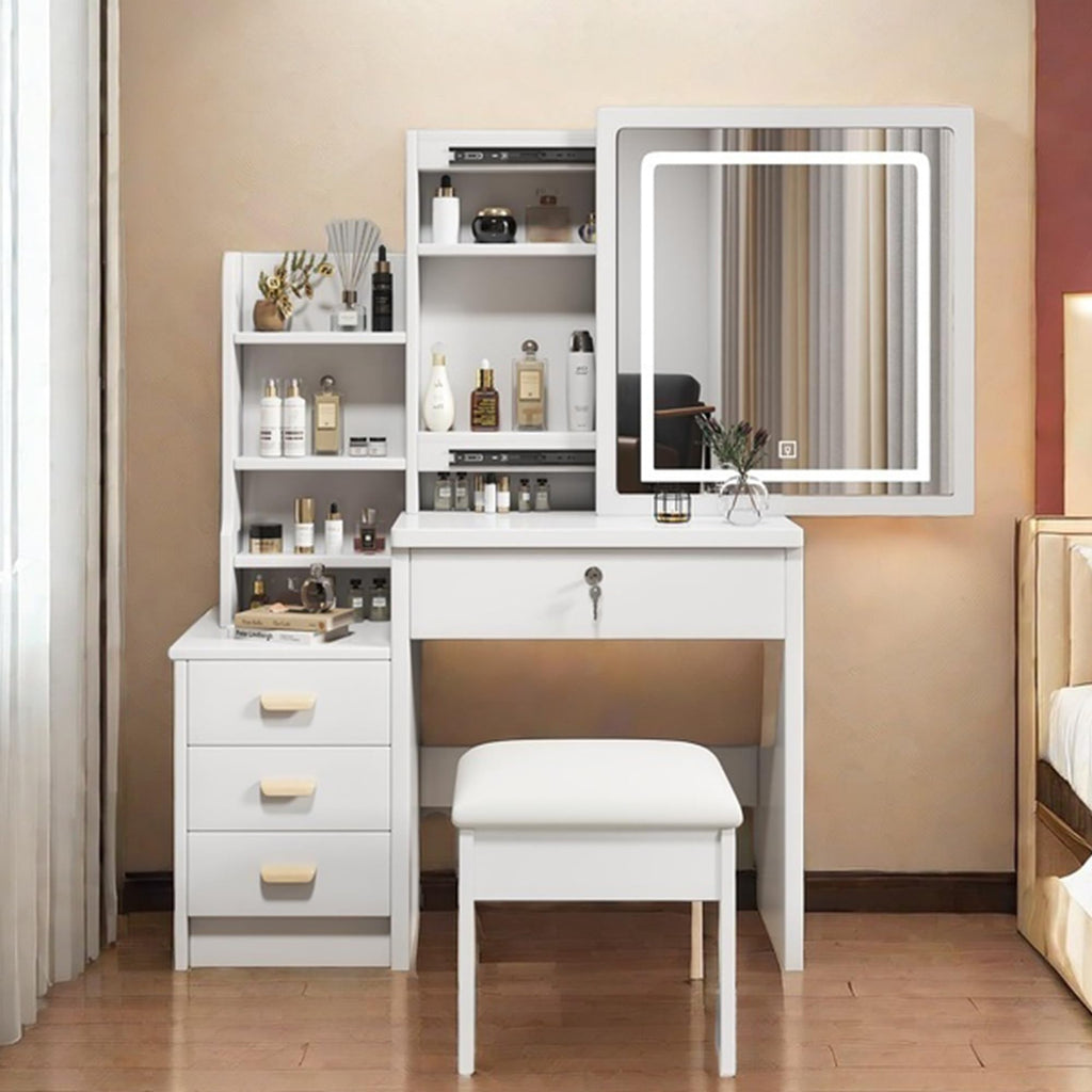 White 4 Drawer Vanity Desk Set with Mirror W223