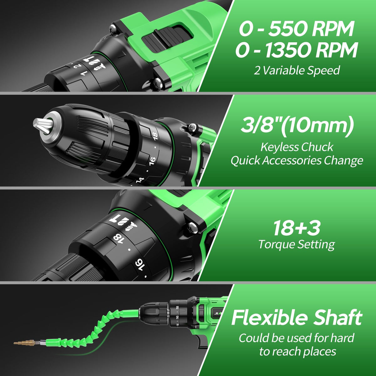 20V Cordless Drill Set with Battery Charger and Carrying Case, Green E176