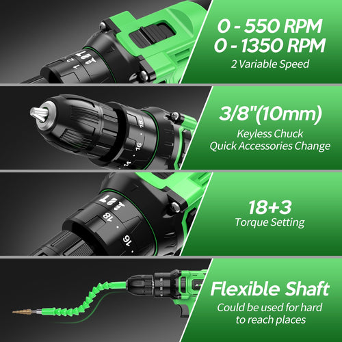 20V Cordless Drill Set with Battery Charger and Carrying Case, Green E176