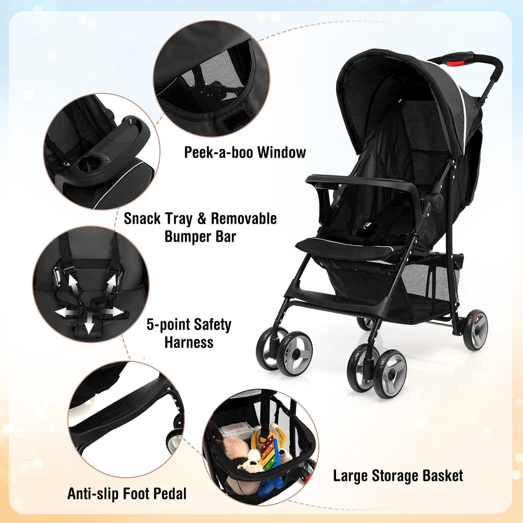Lightweight Compact Toddler Travel Stroller with Canopy, 5-Point Harness, Storage Basket, One-Hand Fold, Black L953048