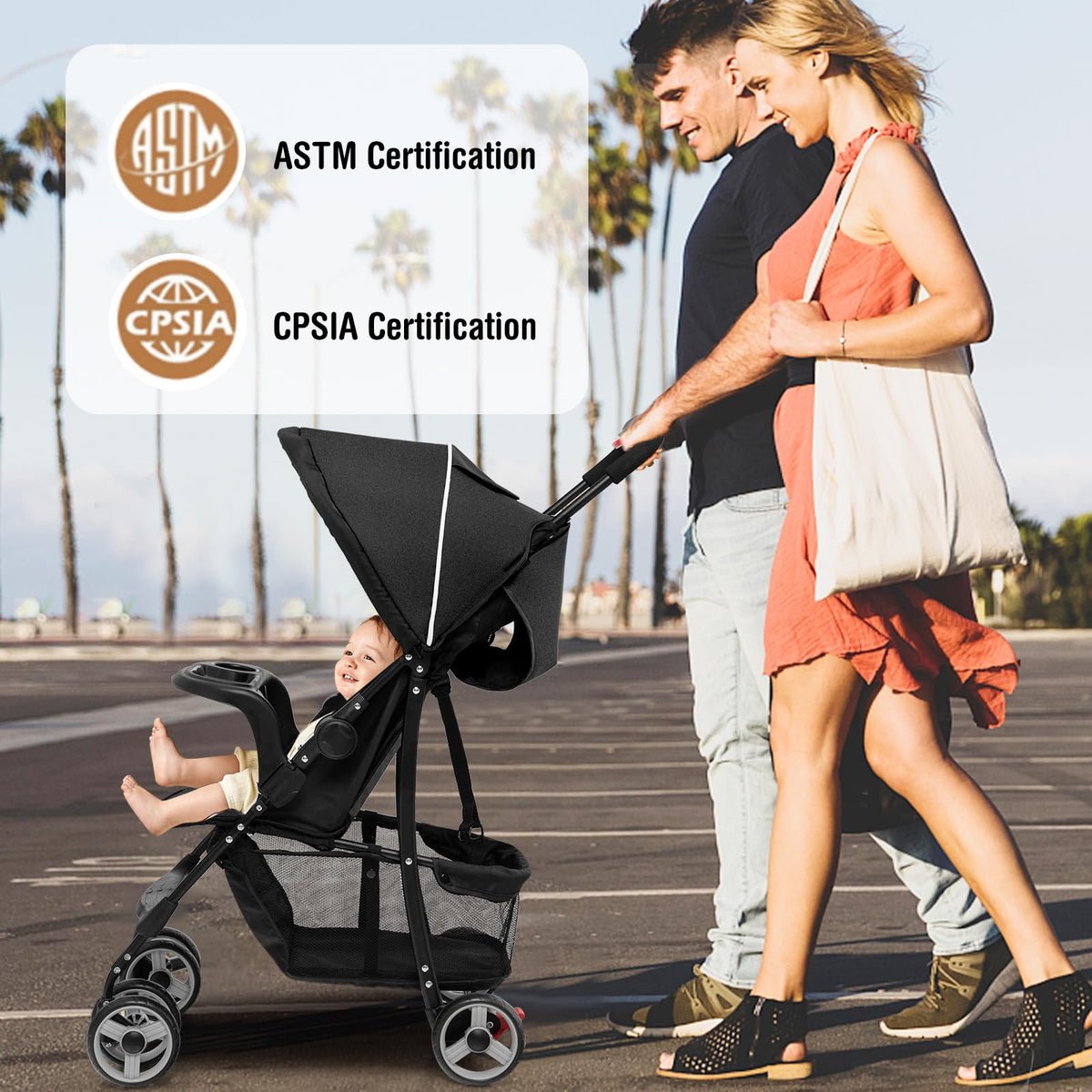 Lightweight Compact Toddler Travel Stroller with Canopy, 5-Point Harness, Storage Basket, One-Hand Fold, Black L953048
