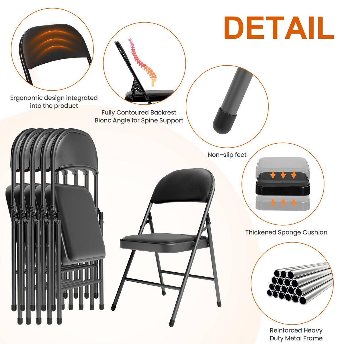 Black Padded Folding Chairs 10 Pack with Cushion and Back C611