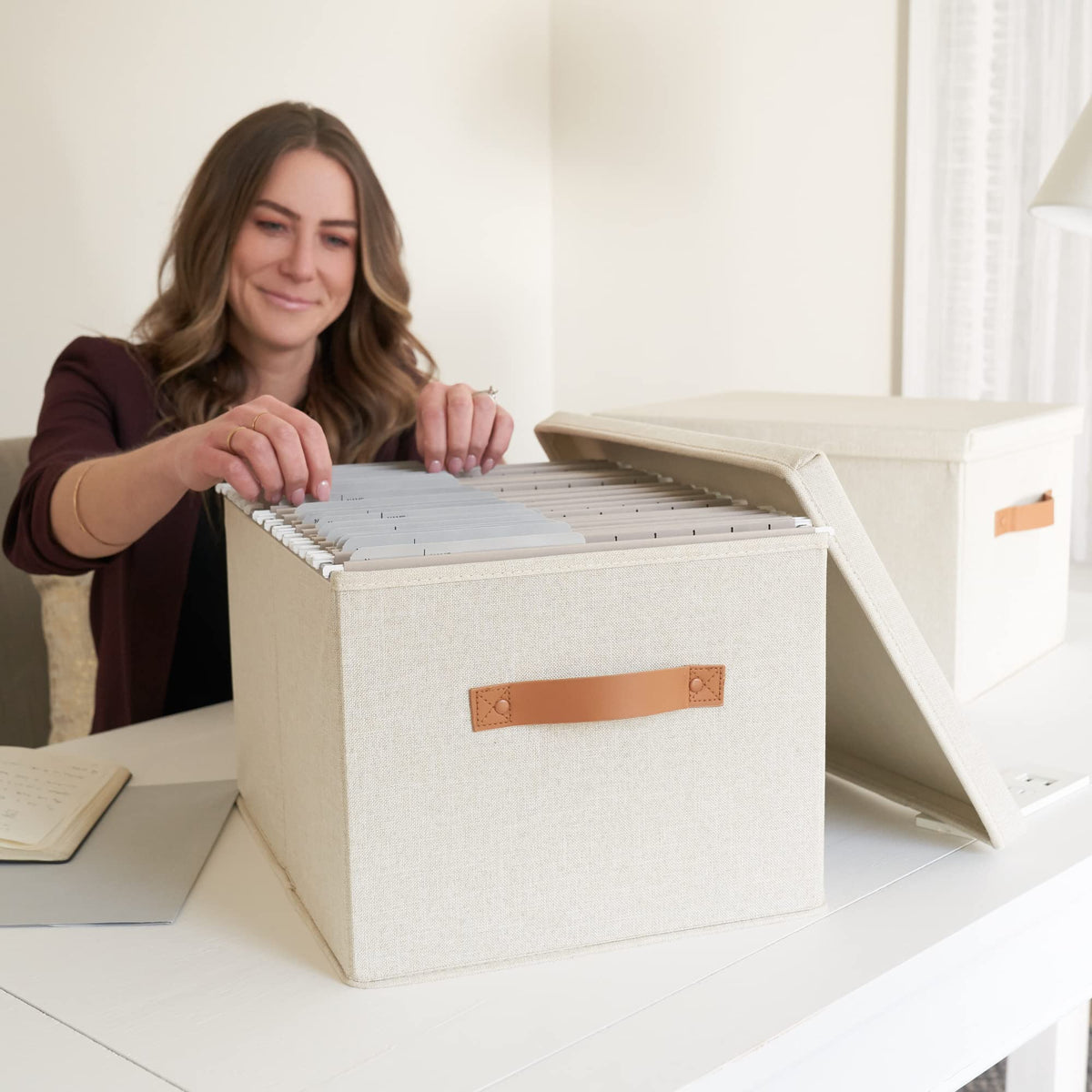 Collapsible Linen File Organizer Box Set of 2 E789