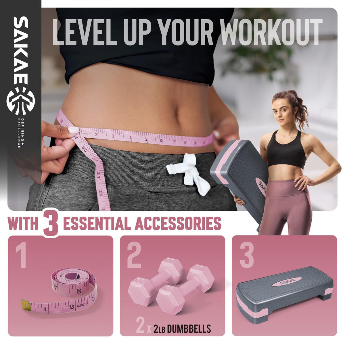 Adjustable Aerobic Step Platform Set with Dumbbells & Measuring Tape I461