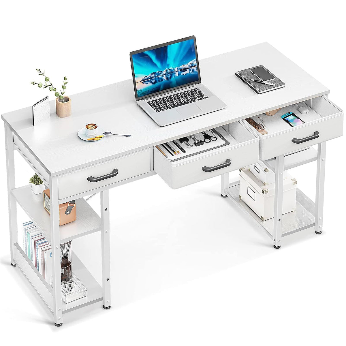 White 48" Computer Desk with Fabric Drawers and Storage Shelves M980158