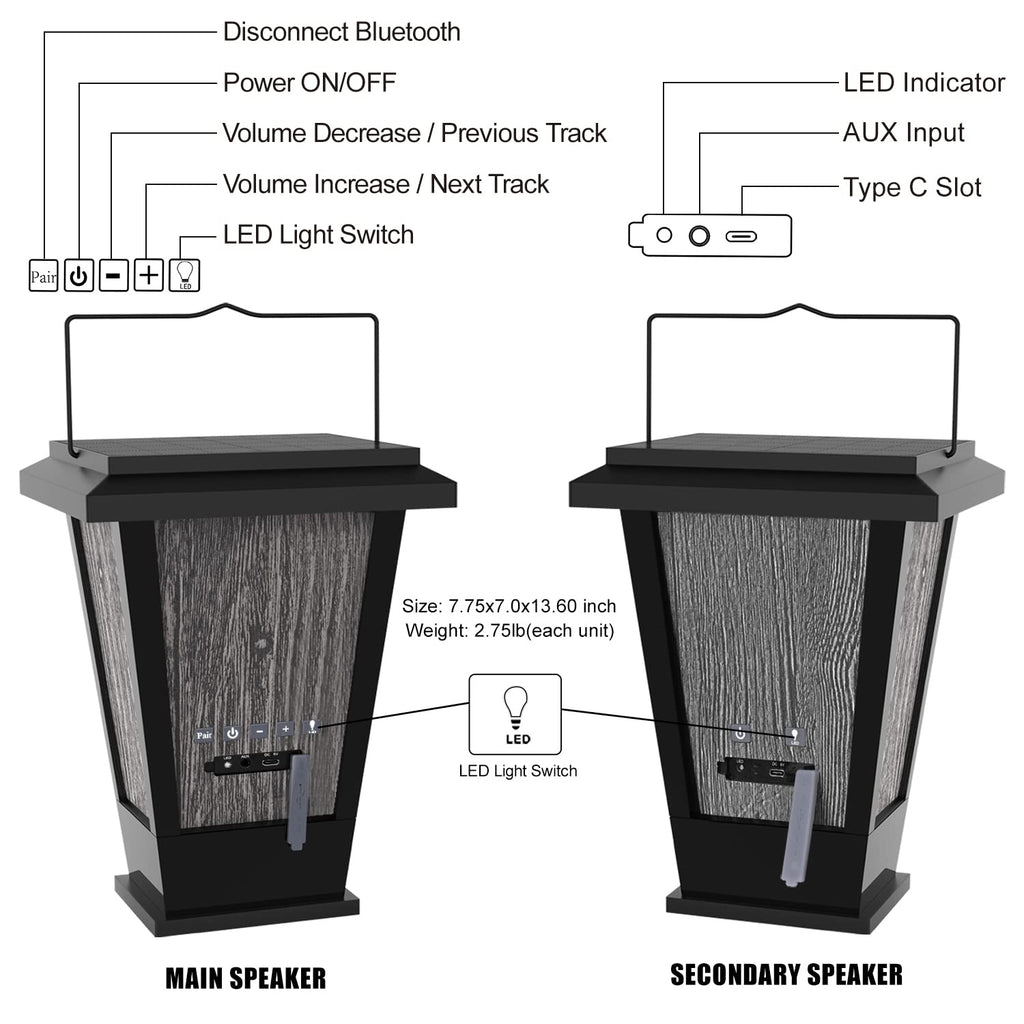 Black Waterproof Solar Powered 2 Packs Bluetooth Speakers D34844