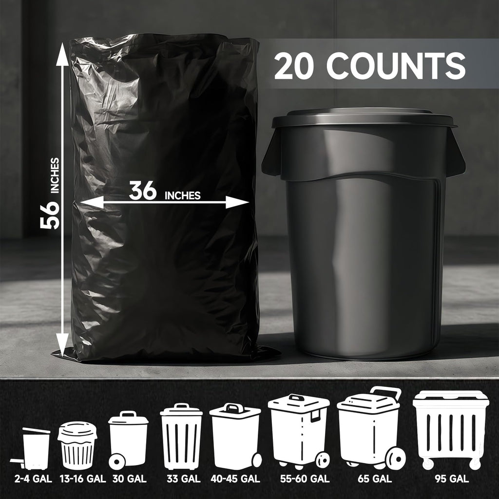 55 Gallon 2 Mil Black Heavy Duty Trash Bags, 20 Count Q794864