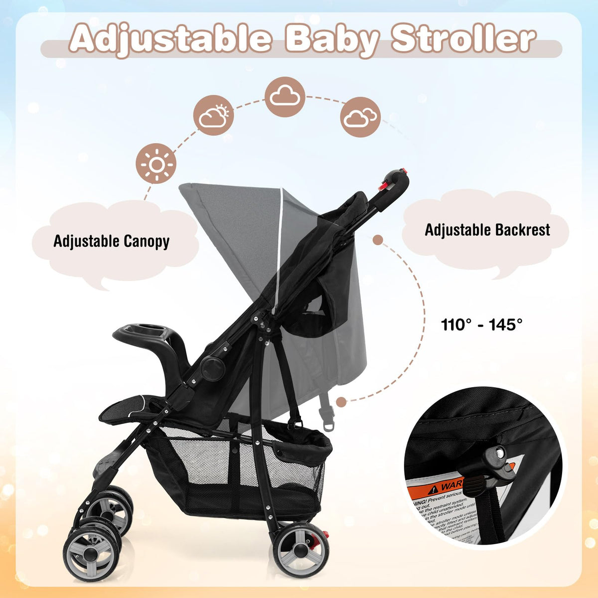 Lightweight Compact Toddler Travel Stroller with Canopy, 5-Point Harness, Storage Basket, One-Hand Fold, Black L953048