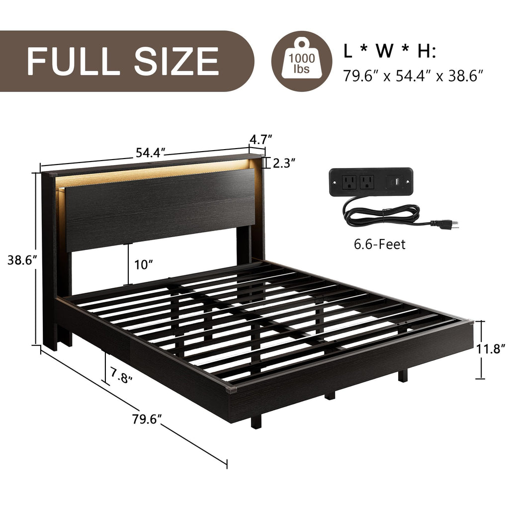 Full Size Wood Bed Frame with Storage Headboard and LED Lights N768