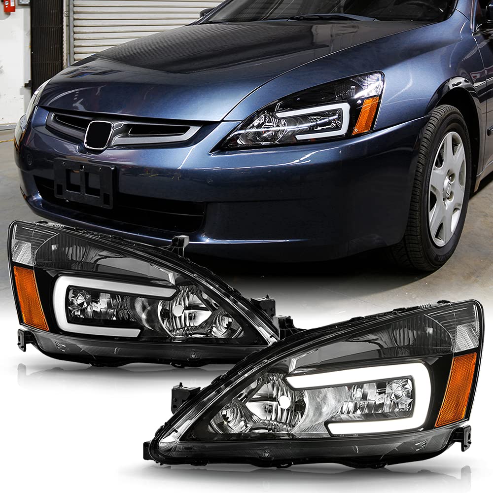 For 2003-2007 Honda Accord Black Housing LED Tube Headlights Assembly Pair Set Y9411
