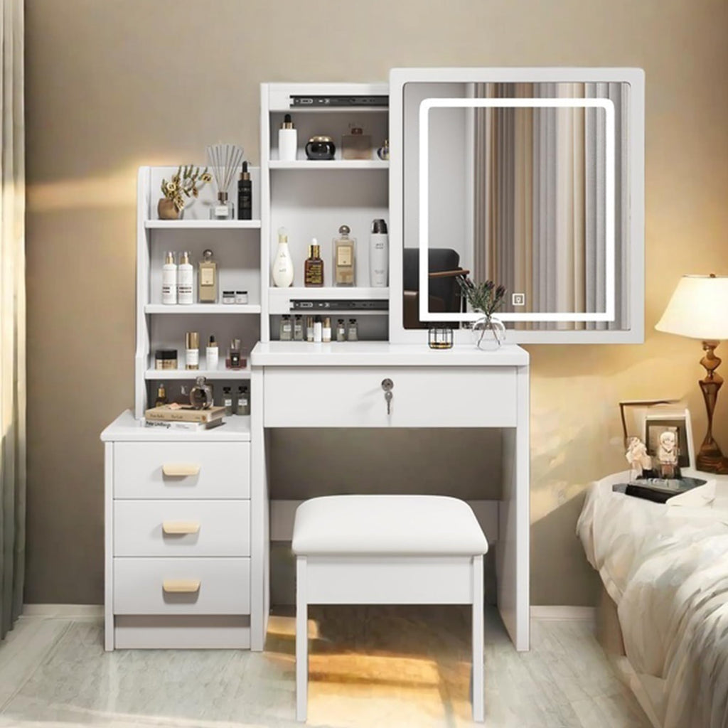 White 4 Drawer Vanity Desk Set with Mirror W223