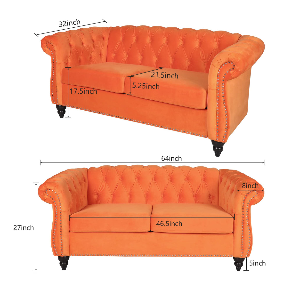 Orange Velvet Chesterfield Sofa Loveseat and Chair W1384