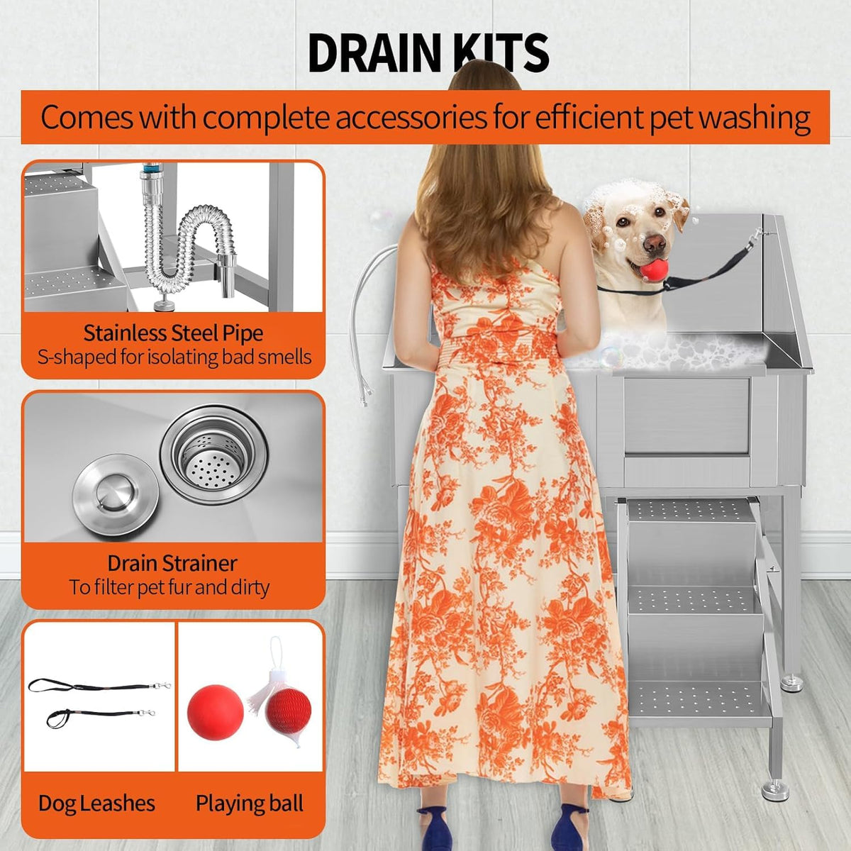 38" Stainless Steel Dog Grooming Tub with Stairs G656