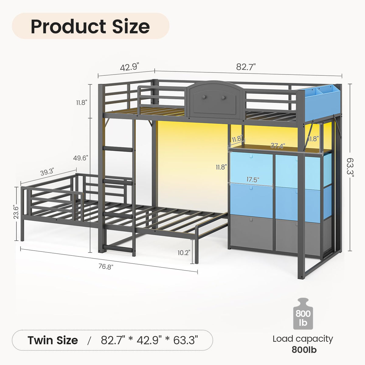 Twin Over Twin Metal Bunk Bed with 6 Storage Drawers T43220