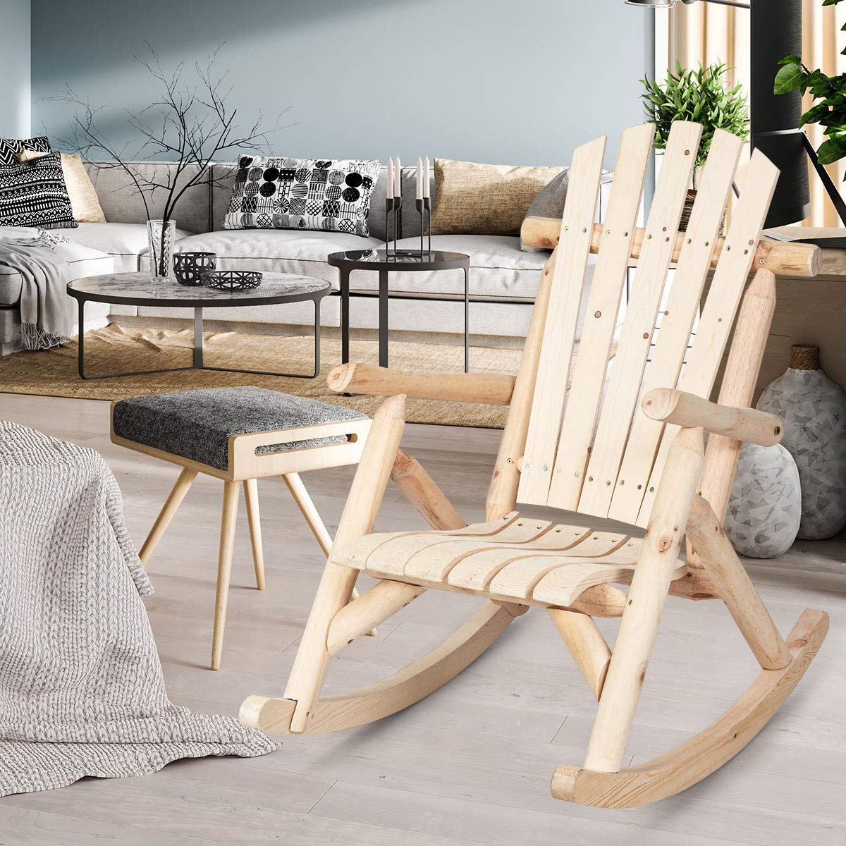 Log Wooden Rocking Chair with Slatted Seat and Backrest K4236