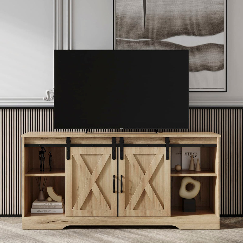 Farmhouse Wood TV Stand with Sliding Barn Door and Storage Cabinet Q107086