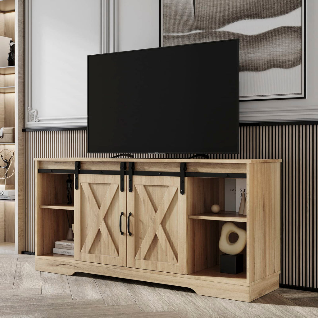 Farmhouse Wood TV Stand with Sliding Barn Door and Storage Cabinet Q107086
