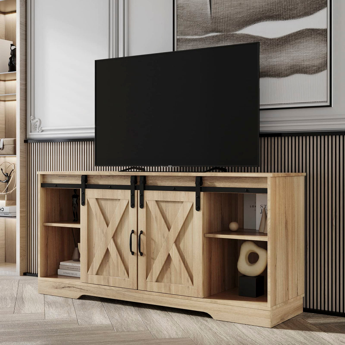 Farmhouse Wood TV Stand with Sliding Barn Door and Storage Cabinet Q107086