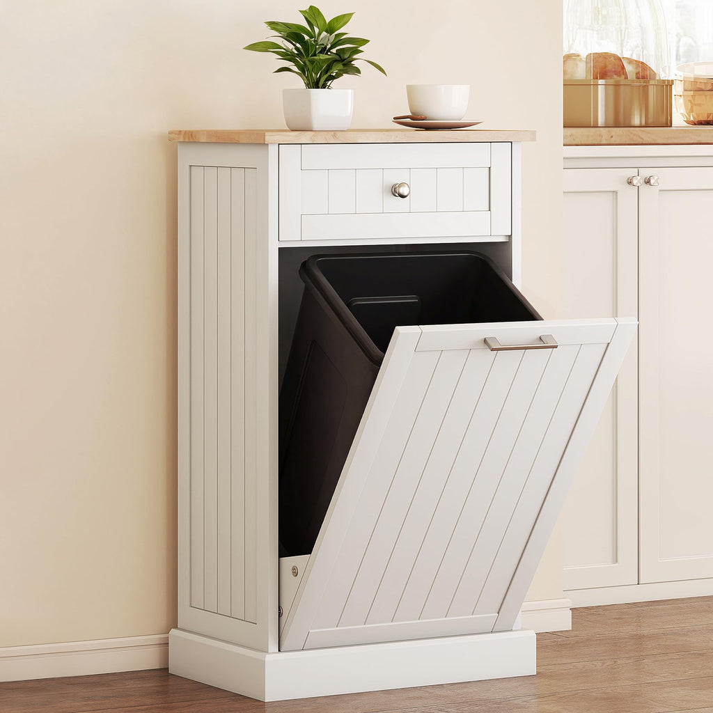 White Wooden 10 Gallon Tilt-Out Trash Cabinet with Drawer V582678