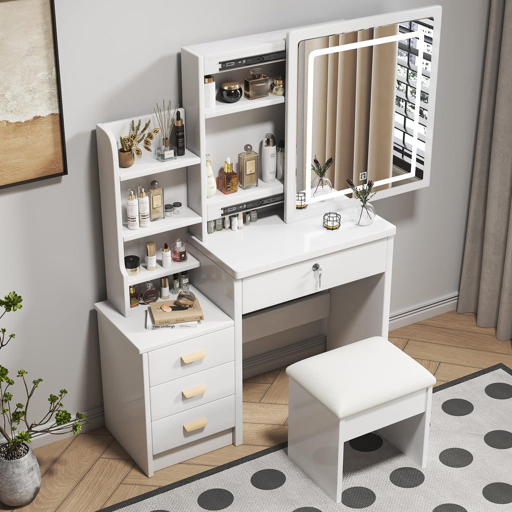 White 4 Drawer Vanity Desk Set with Mirror W223