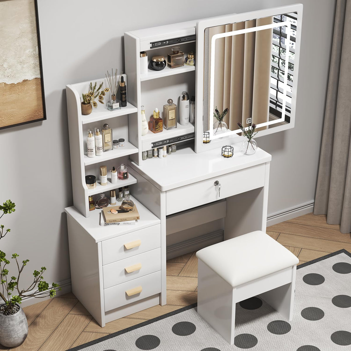 White 4 Drawer Vanity Desk Set with Mirror W223