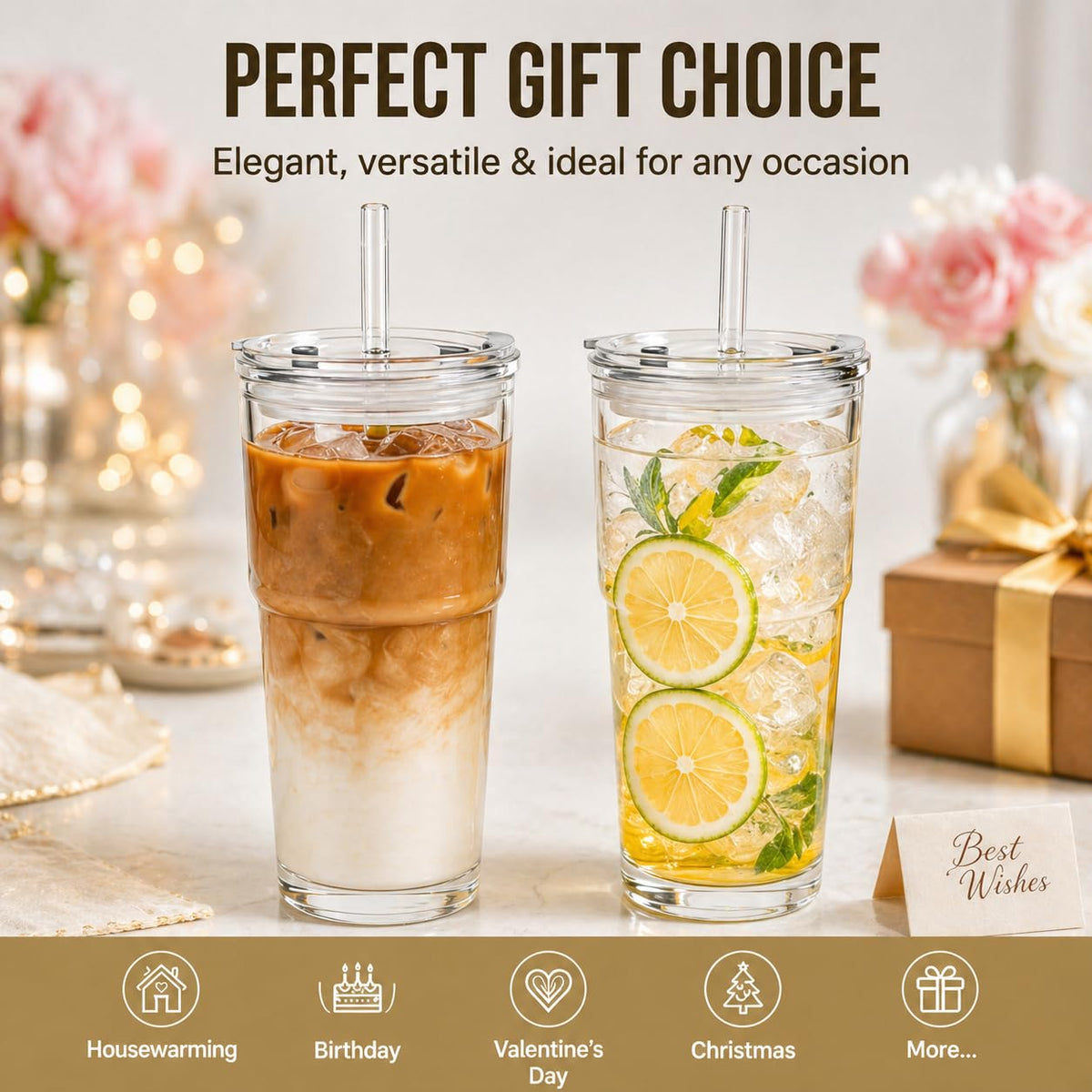 20oz Clear Glass Tumbler with Lid and Straws, Set of 2 A61748