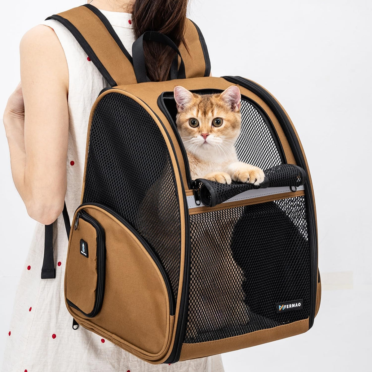 Brown Collapsible Pet Carrier Backpack with Ventilated Mesh T274