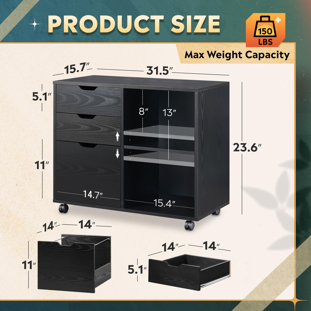Black 3-Drawer Wood File Cabinet D39492