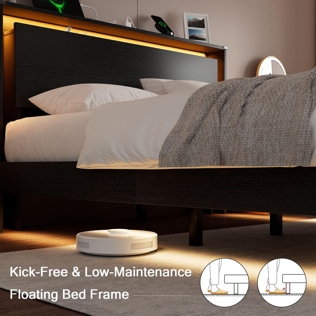 Full Size Wood Bed Frame with Storage Headboard and LED Lights N768