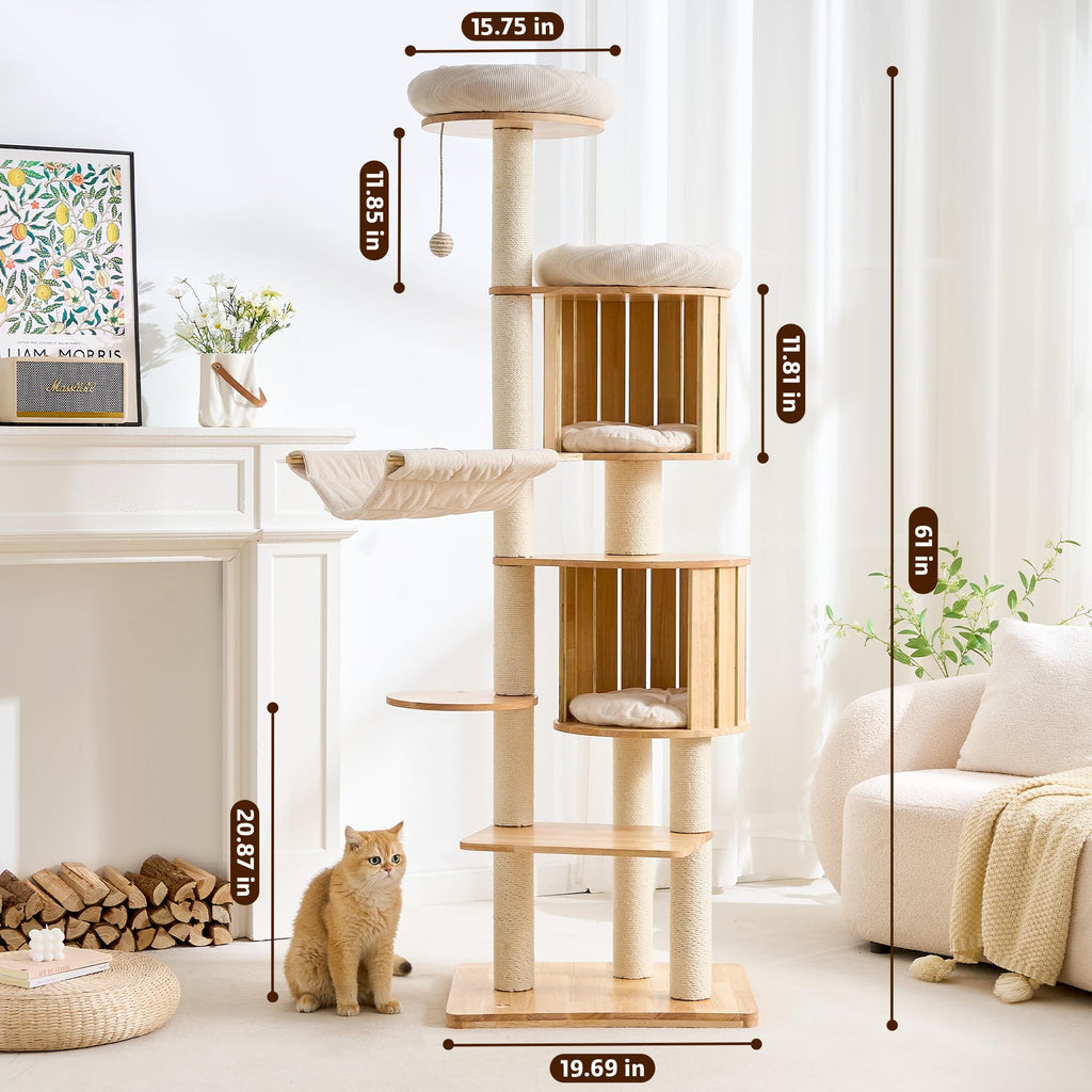 Solid Wood 70 Inches Tall Cat Tree Tower with Scratching Post V758