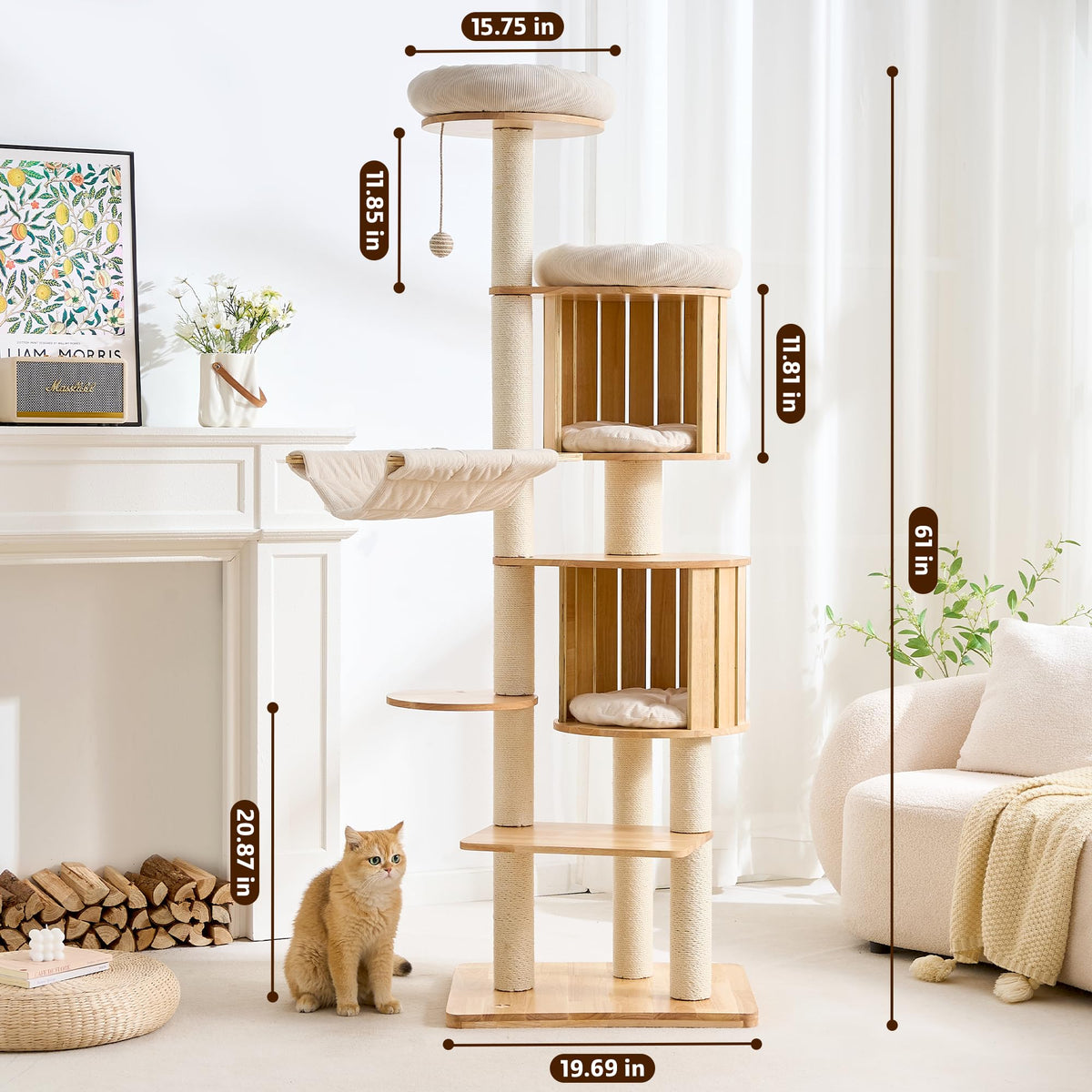 Solid Wood 70 Inches Tall Cat Tree Tower with Scratching Post V758