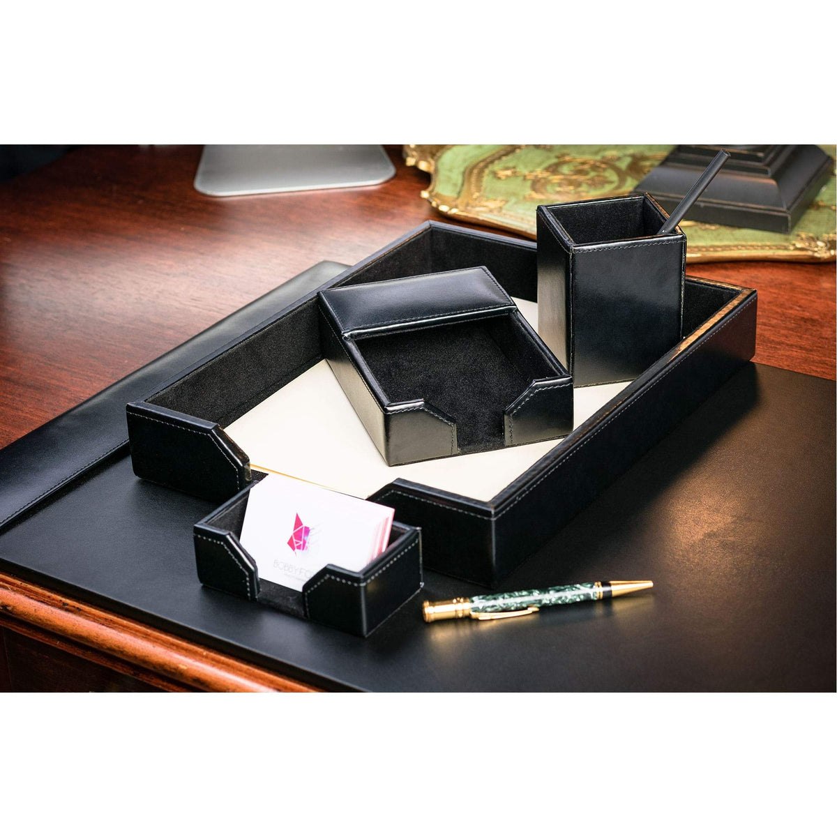 Black Bonded Leather 5-Piece Desk Set E90693